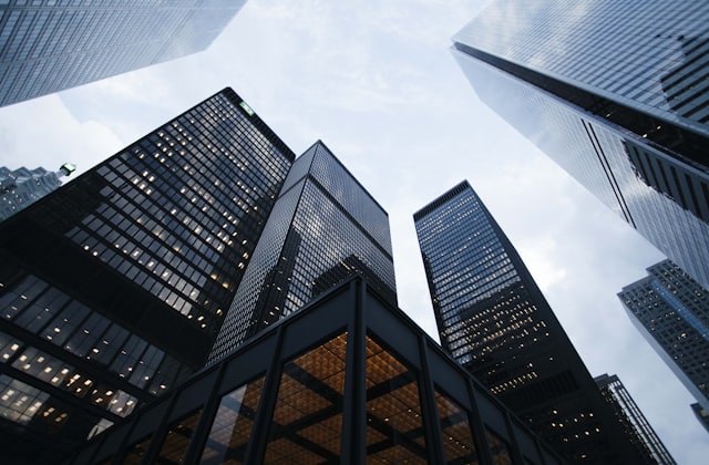 Commercial towers seen from street level
