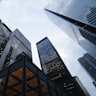 Commercial towers seen from street level